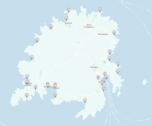 Carte avec lieux d'ancrage et les plages de Serifos